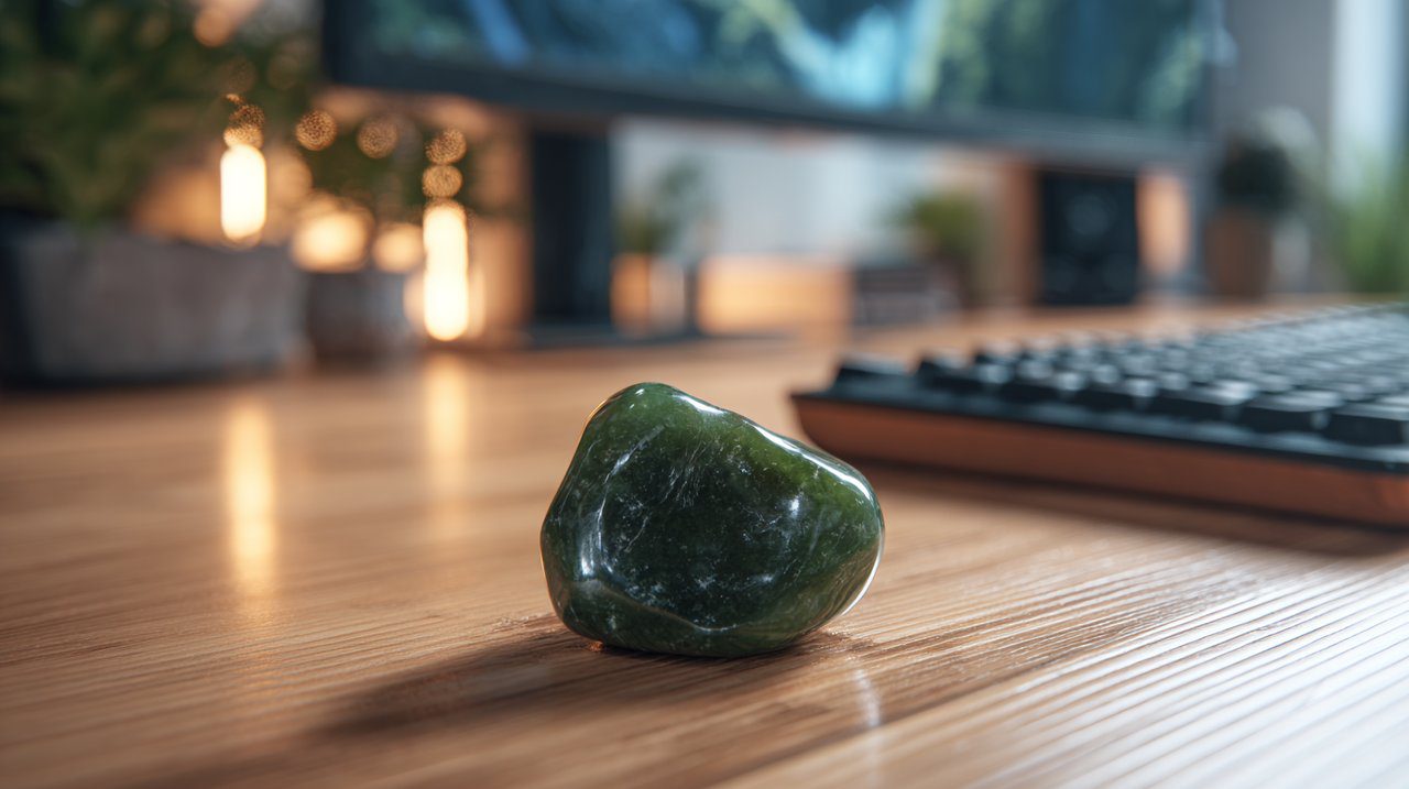 A polished dark green jade stone on a modern wooden desk with a computer keyboard