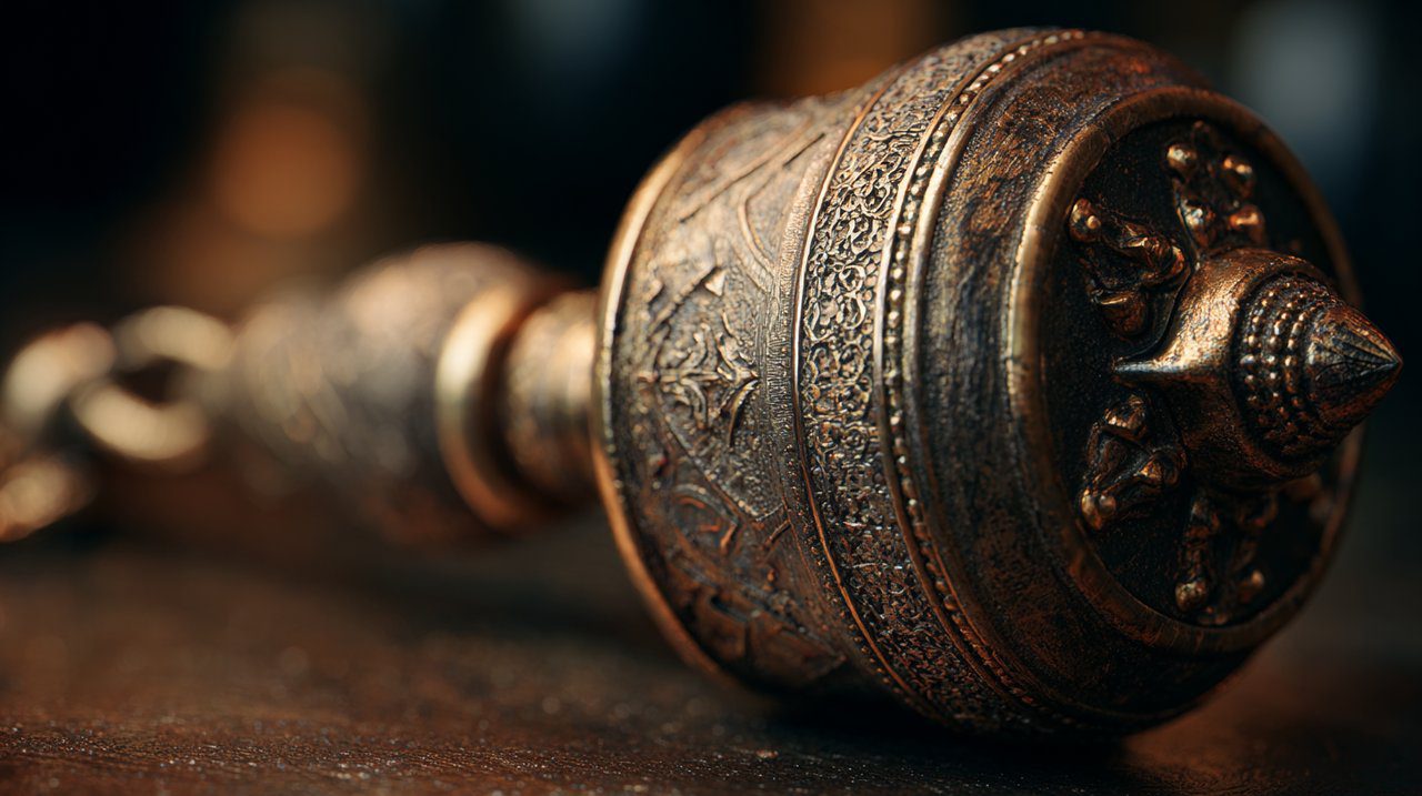 Close-up of a dorje bell showing its components, vajra handle and bell body.