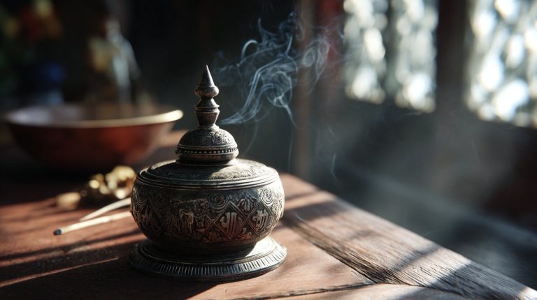 A beautifully crafted Tibetan dorje bell on an altar, surrounded by soft light.
