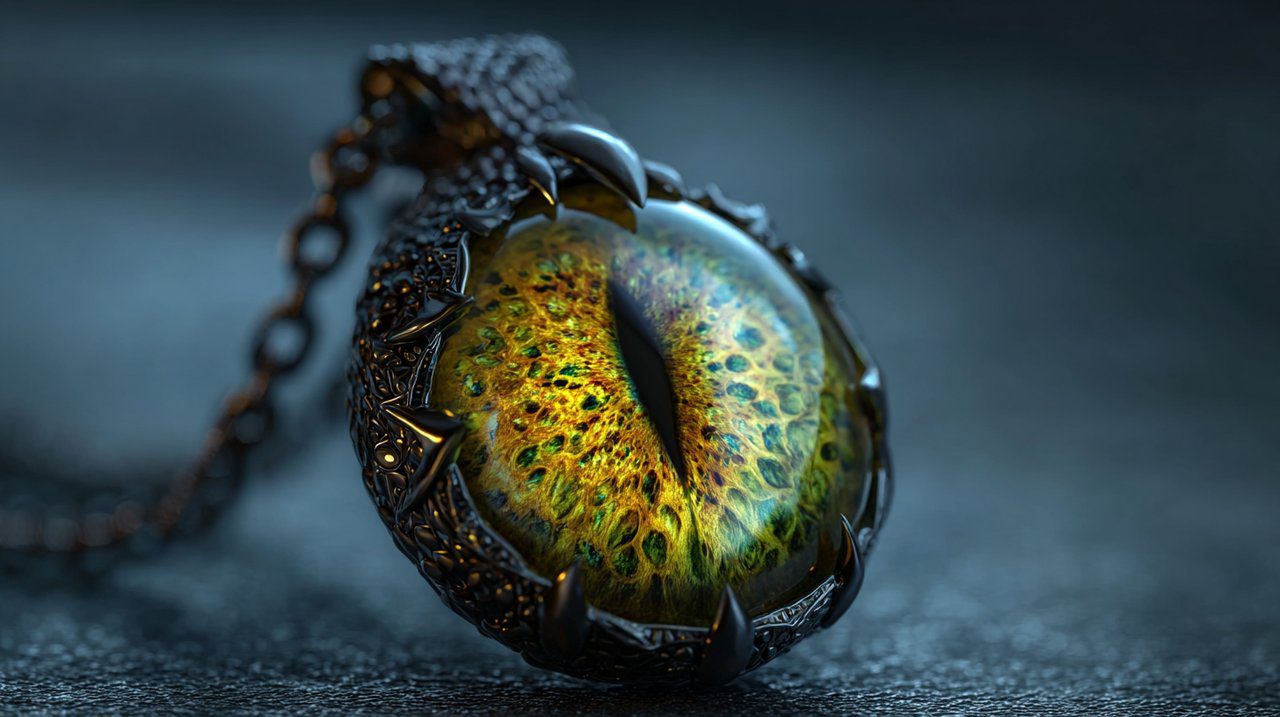 Close-up of a dragon eye necklace with an intense, realistic eye.