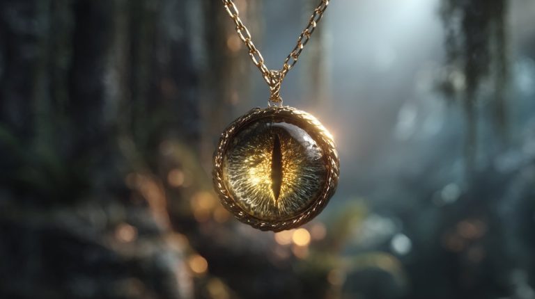 Dragon eye necklace radiating protective energy.