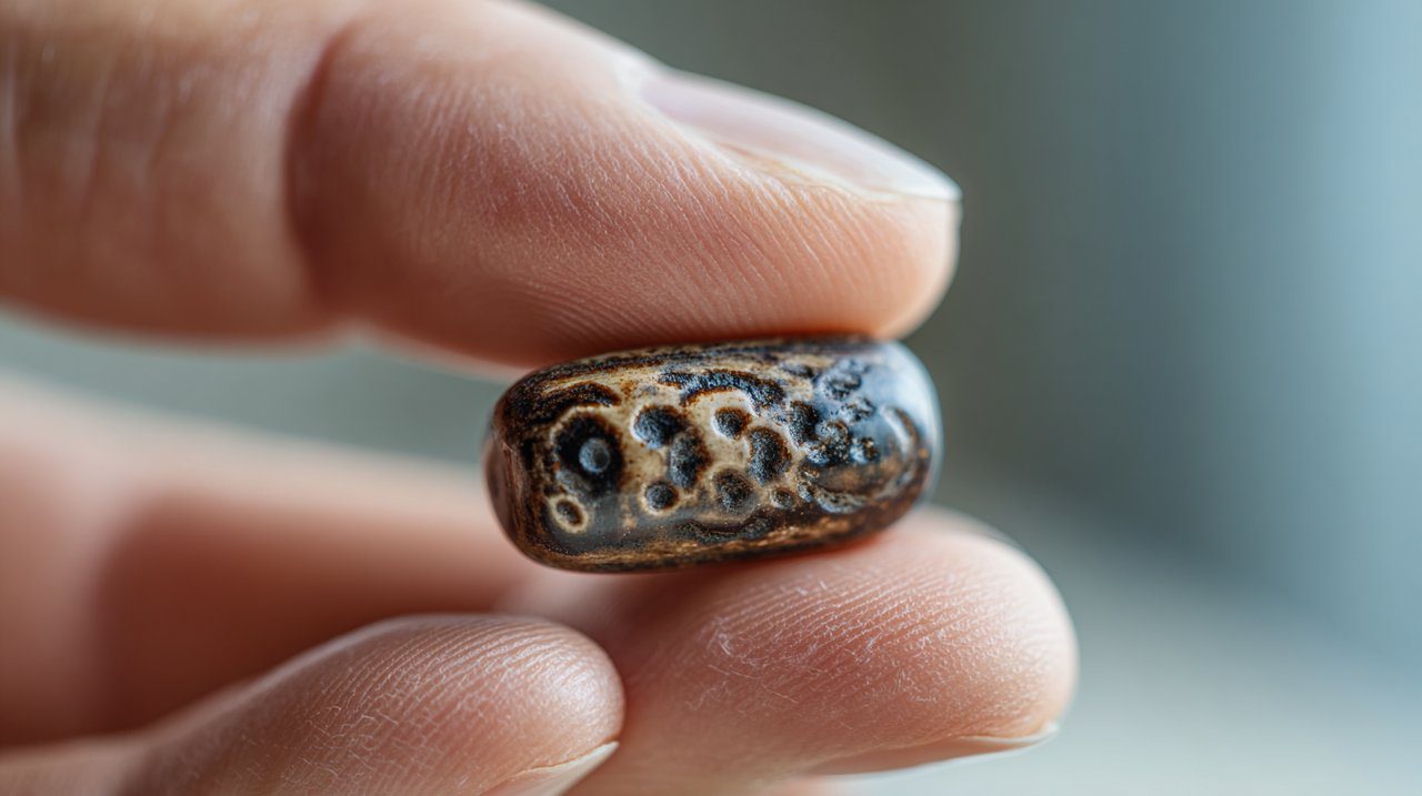 Una mano sosteniendo suavemente una cuenta Dzi de Nueve Ojos