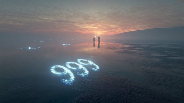 A serene landscape with the glowing number 999 and two distant figures.