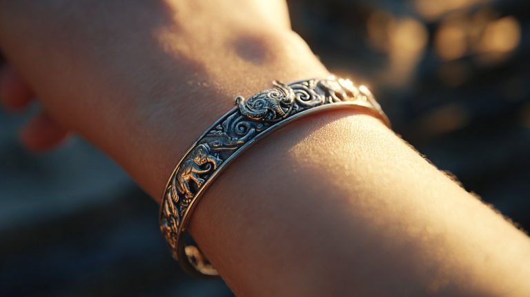 An elegant elephant bracelet on a wrist.