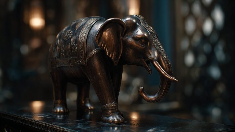 An elegant elephant statue in a serene setting.