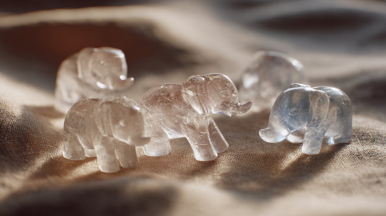 Small, smooth crystal elephant carvings.