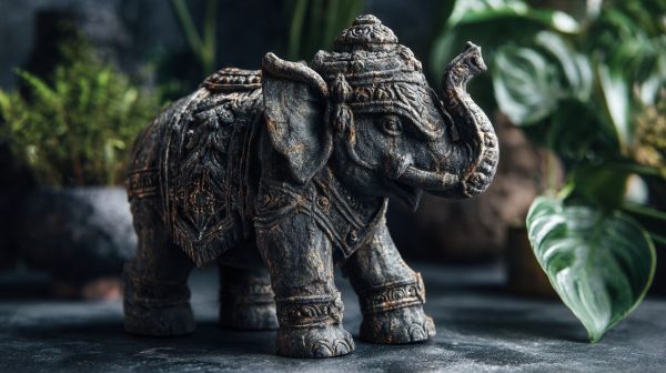 Una majestuosa escultura de elefante de piedra en el entorno de un templo antiguo.