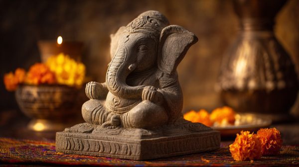 Una figura de piedra de la deidad hindú Ganesha intrincadamente tallada.