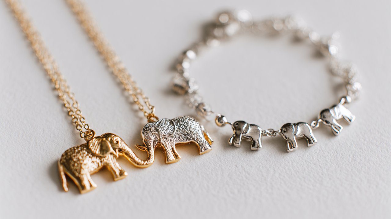 Uma coleção de joias com tema de elefante, incluindo um anel, colar e pulseira.