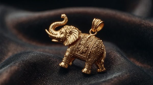 Un elegante colgante de elefante de oro sobre una superficie oscura.