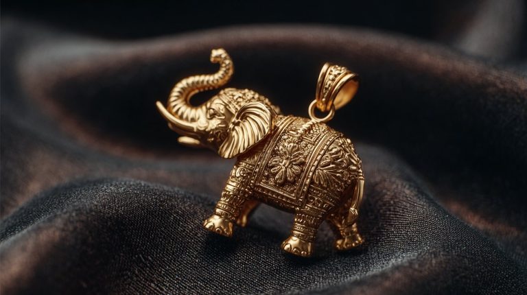 An elegant gold elephant pendant resting on a dark surface.