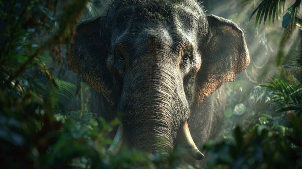 Un majestuoso elefante de pie en una selva mística.