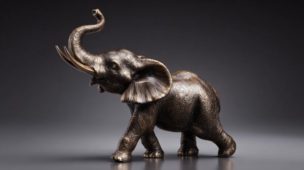 Una estatuilla de elefante de bronce con la trompa levantada.