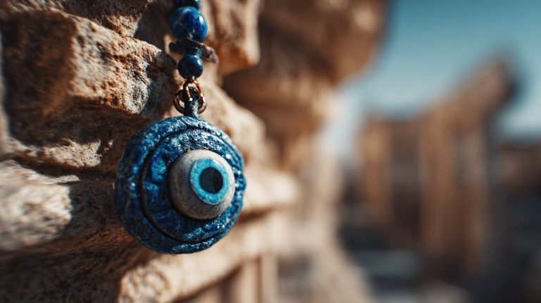 A traditional blue Evil Eye amulet with ancient texture.