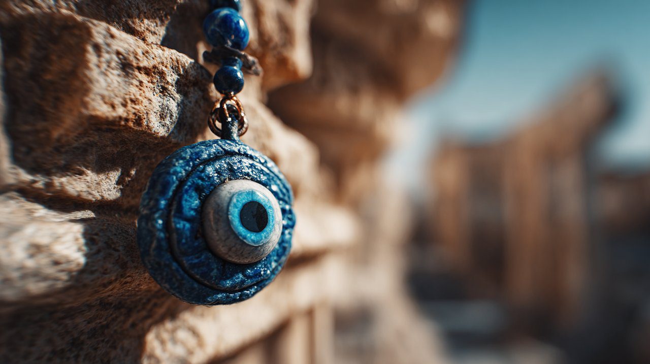 A traditional blue Evil Eye amulet with ancient texture.