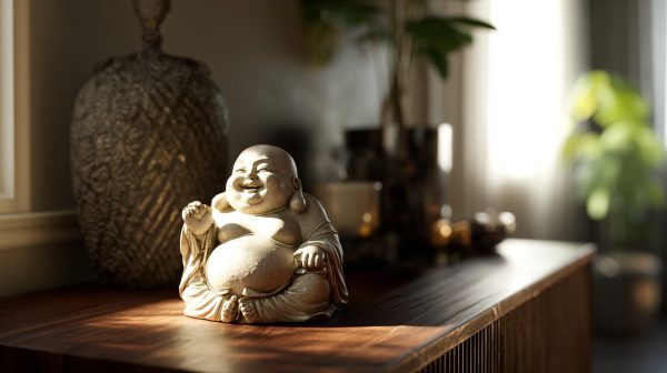 Laughing Buddha statue placed in a harmonious home setting.