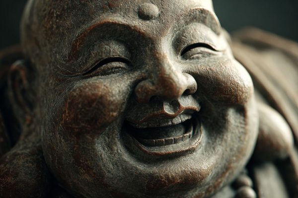 Close-up of a Laughing Buddha's serene, smiling face.