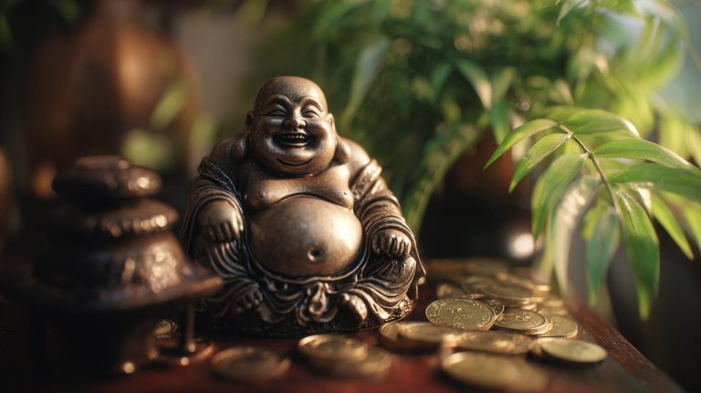 A jovial Laughing Buddha statue surrounded by symbols of prosperity.