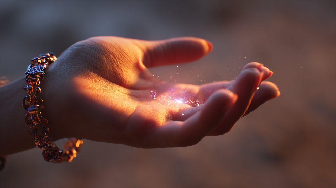 A serene hand holding a symbolic bracelet, surrounded by soft light, representing personal energy and well-being.