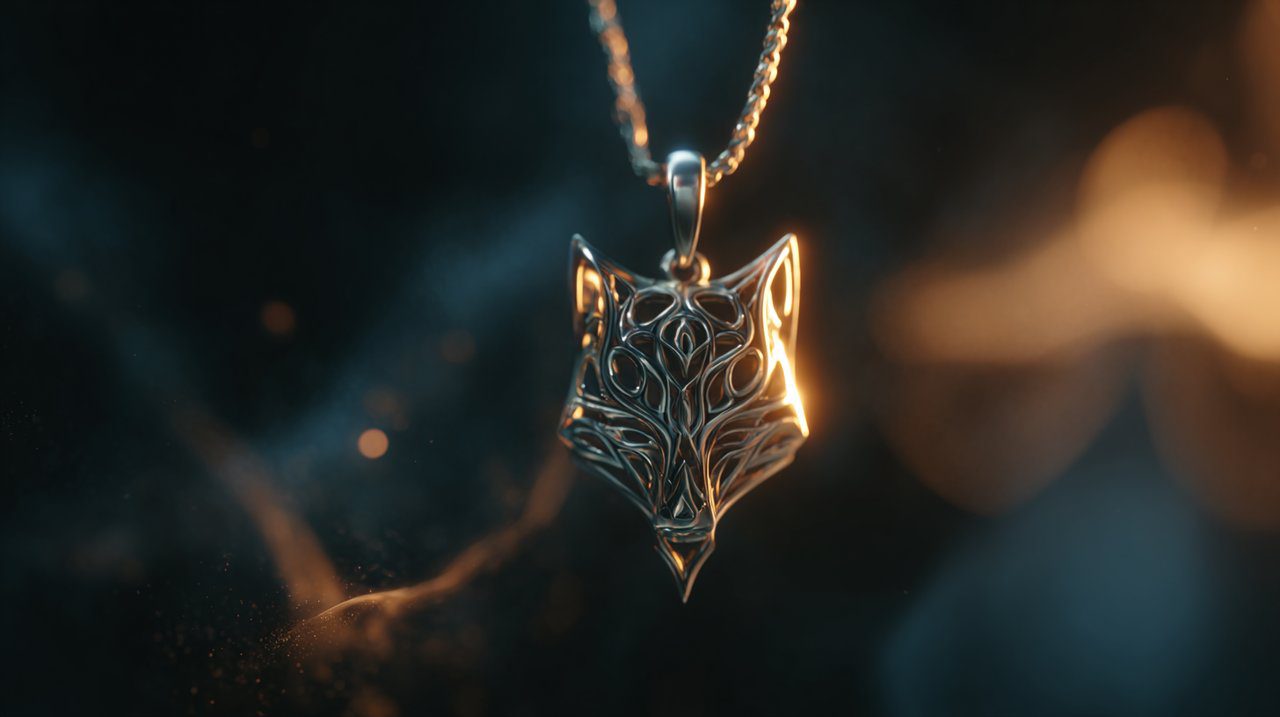 A mystical fox pendant glowing with energetic light.