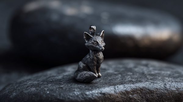Primer plano de un colgante de zorro de plata esterlina.