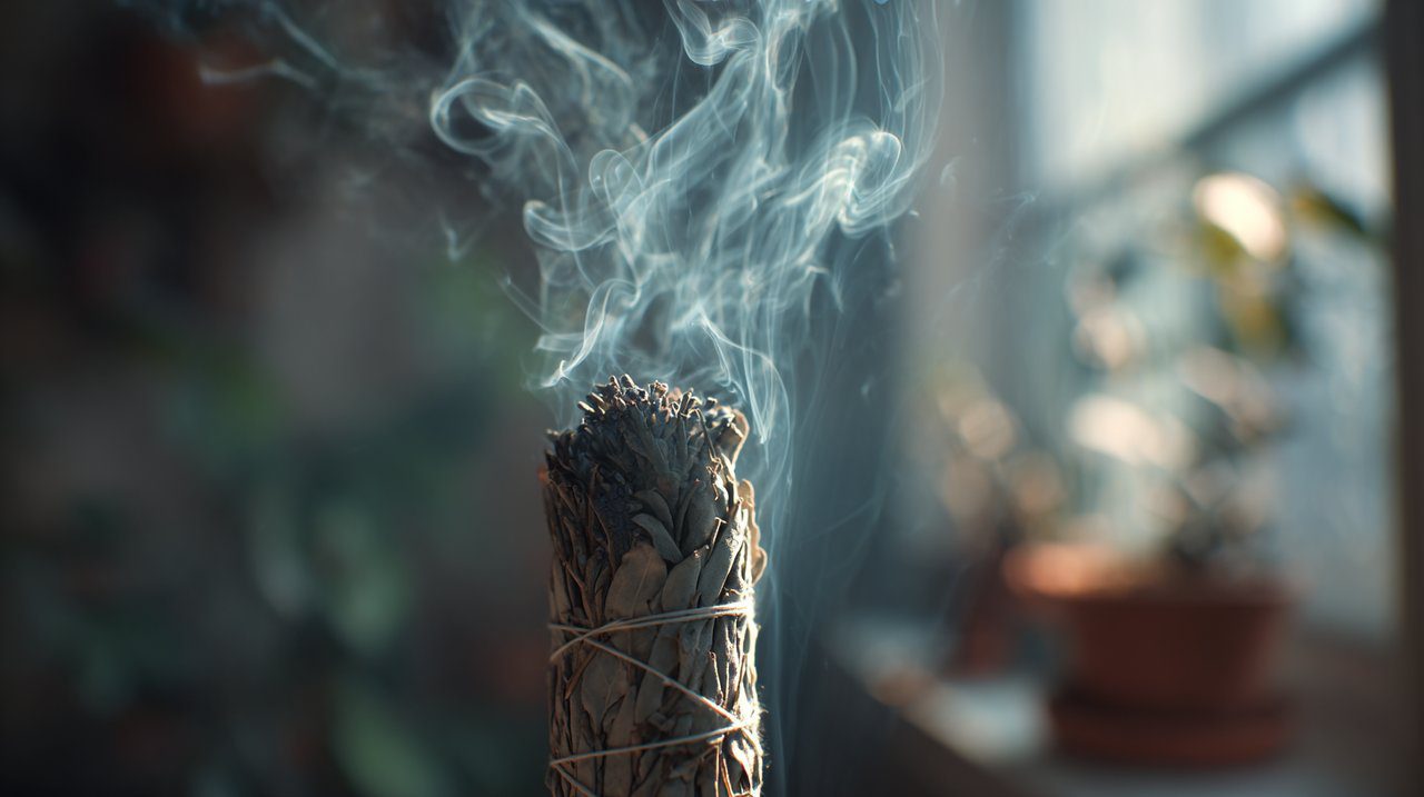 Smoke from a burning sage smudge stick