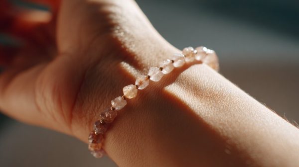 A person wearing a natural gemstone energy bracelet