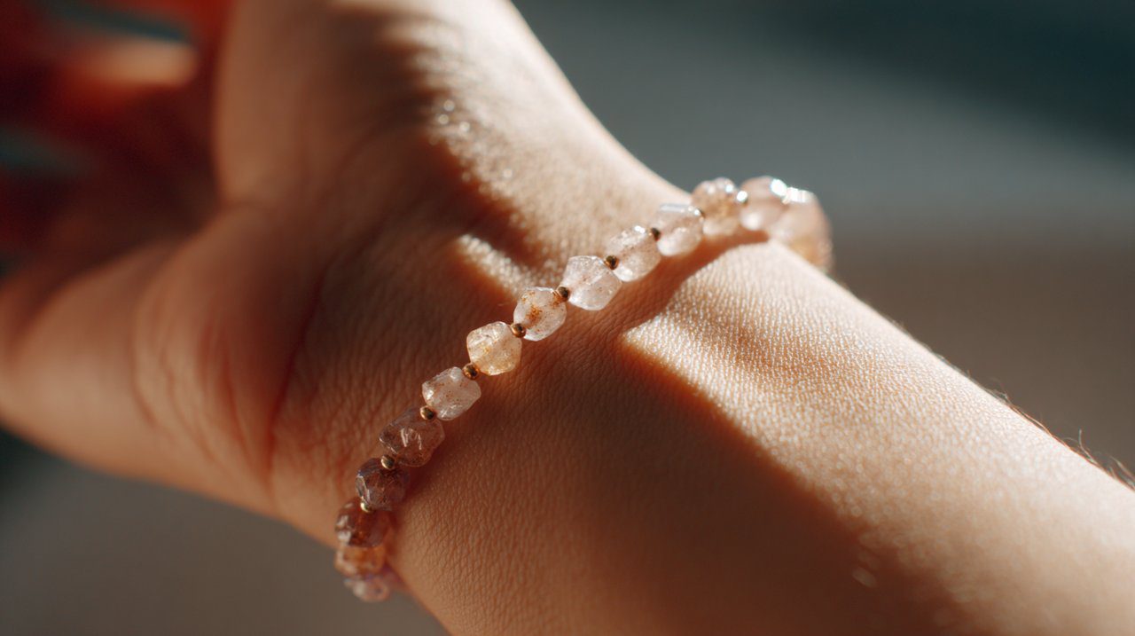 Una persona usando una pulsera energética de piedra natural