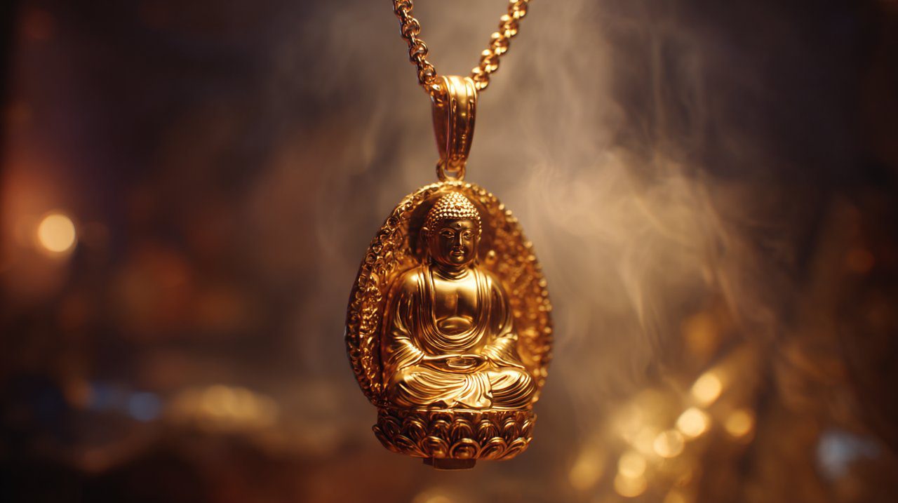 A close-up shot of a gold Buddha pendant with a subtle protective glow