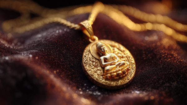 A close-up, elegant shot of a gold Buddha chain pendant