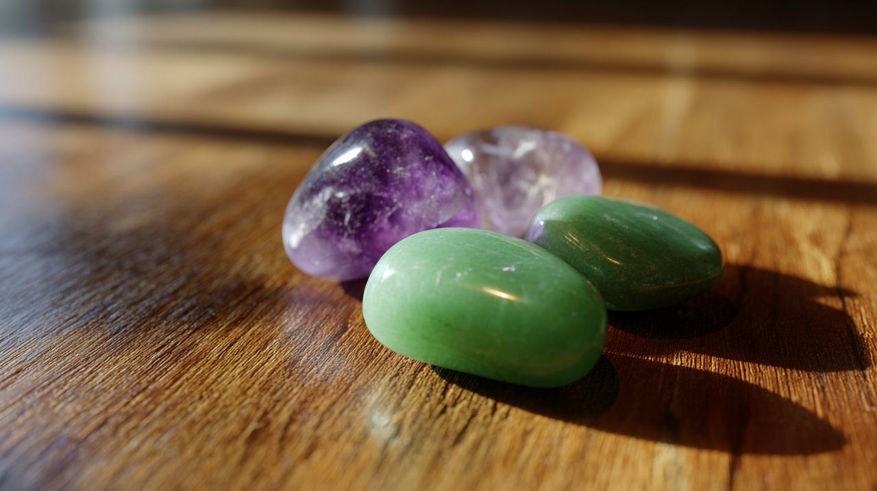 Batu amethyst dan giok kecil di atas permukaan kayu.