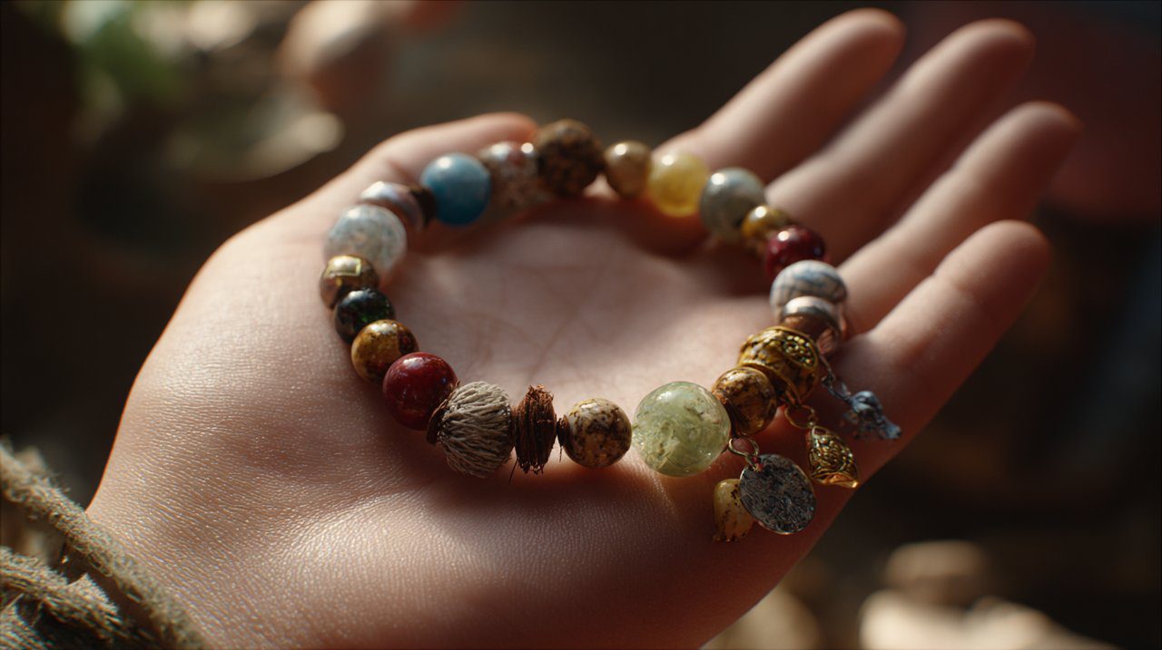 Tangan dihiasi dengan gelang keberuntungan simbolis.
