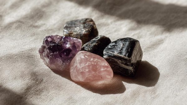Pequeñas piedras naturales de amatista, cuarzo rosa y turmalina negra dispuestas juntas.