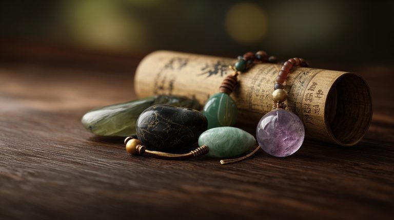 A collection of various good luck charms for health and well-being.