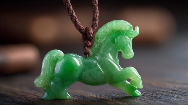 A detailed green jade horse pendant.