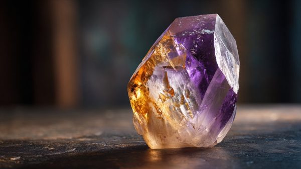 Un vibrante cristal de ametrino que muestra tonos morados y dorados.