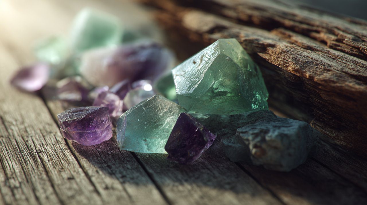 A collection of green and purple crystals on a natural surface.