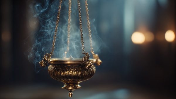 Un elegante quemador de incienso colgante con humo.