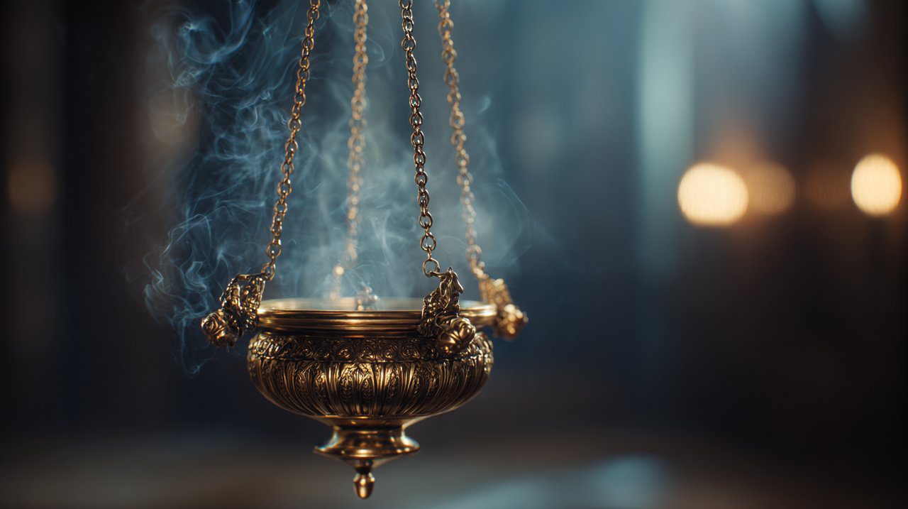 An elegant hanging incense burner with smoke.