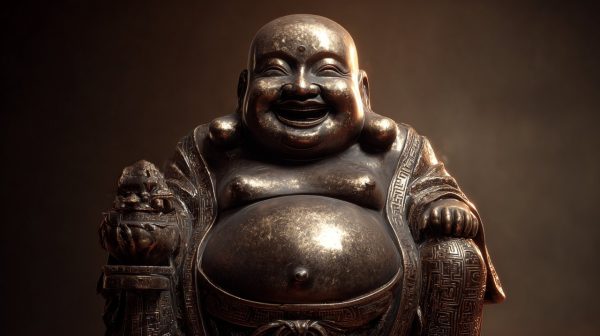 A joyful Happiness Buddha statue with a large belly.
