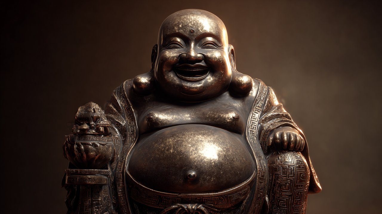 A joyful Happiness Buddha statue with a large belly.