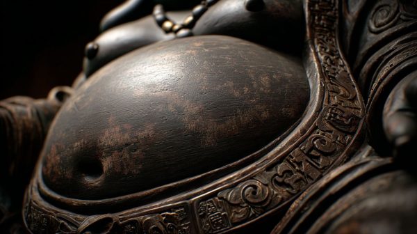 Close-up of the Happiness Buddha's belly, symbolizing prosperity.