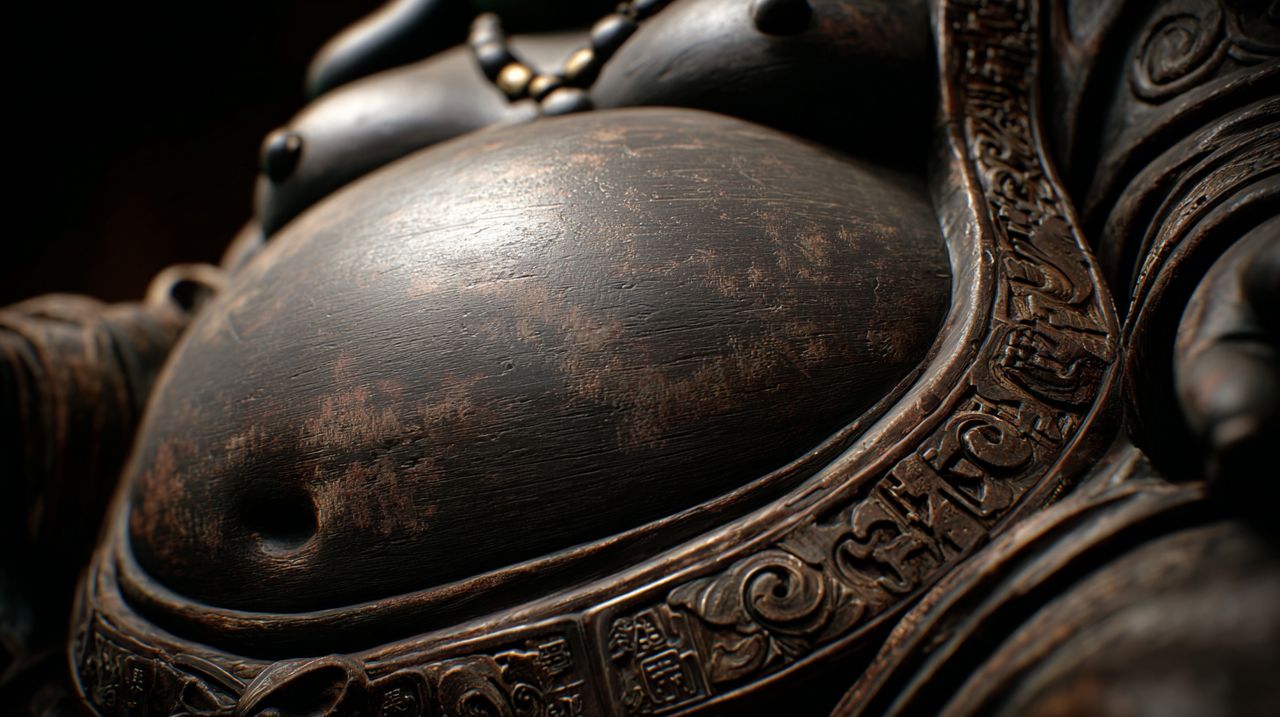 Close-up of the Happiness Buddha's belly, symbolizing prosperity.