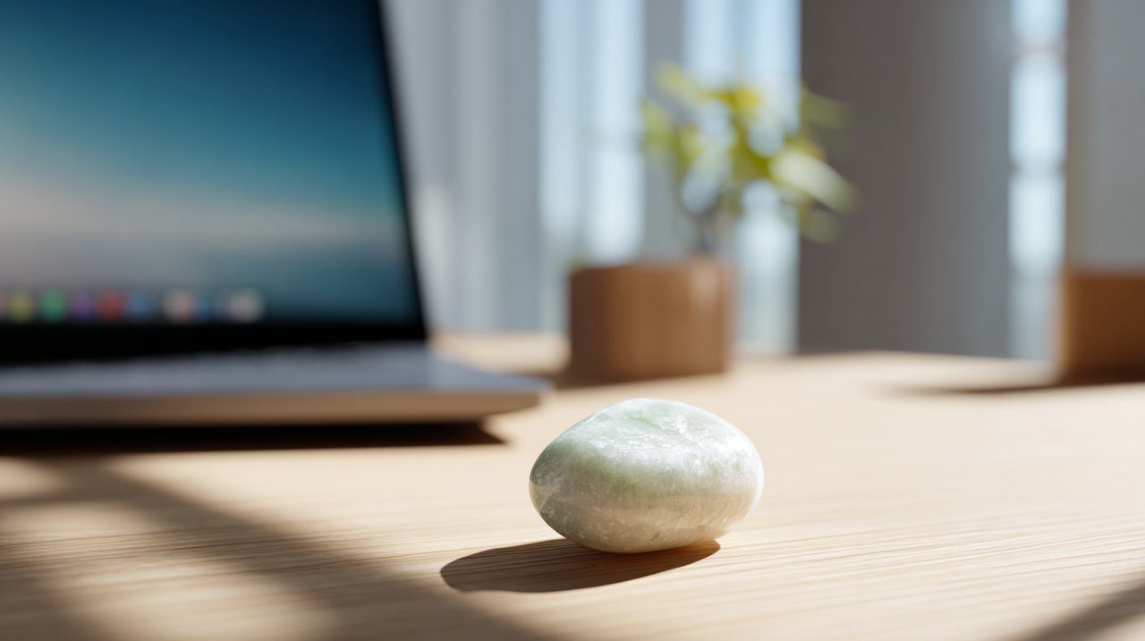 Una pequeña piedra natural de Aventurina Blanca sobre un escritorio con una laptop, simbolizando paz digital.