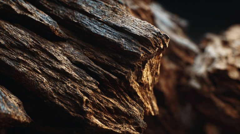 A close-up of a dark, resinous piece of agarwood