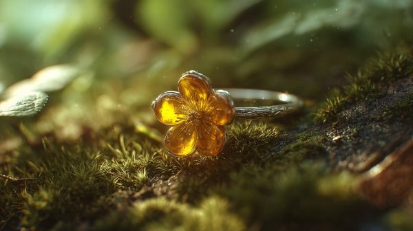 Un elegante anillo de flor de ámbar con un cálido resplandor.