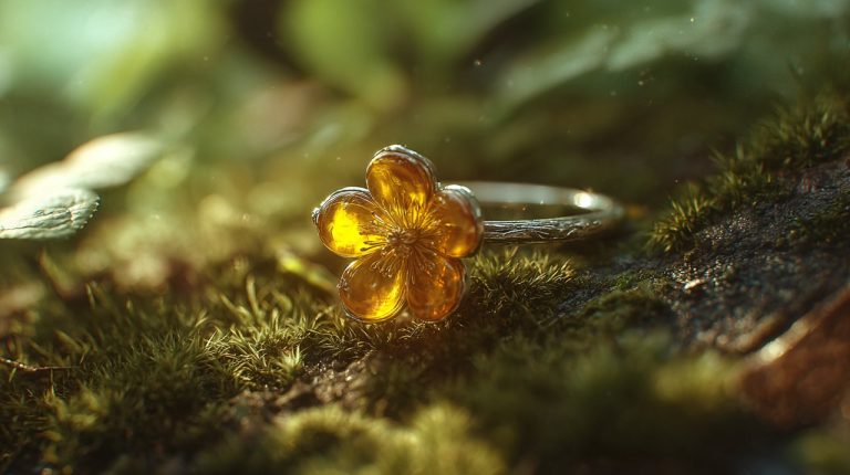 An elegant amber flower ring with a warm glow.