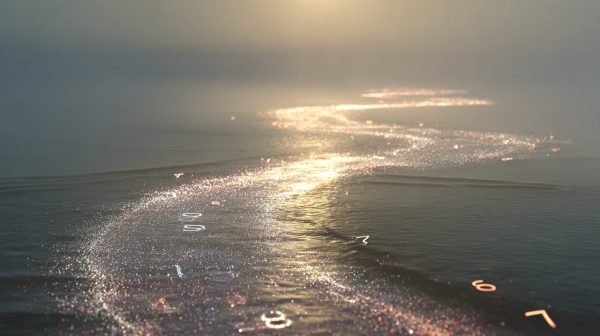 Un camino de luz con varios números angelicales incrustados, simbolizando guía en un viaje de manifestación.