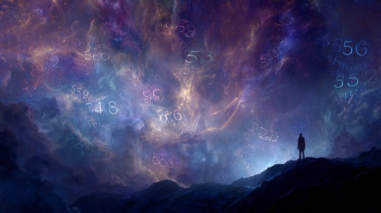 A mystical scene representing cosmic communication and synchronicity through numbers.