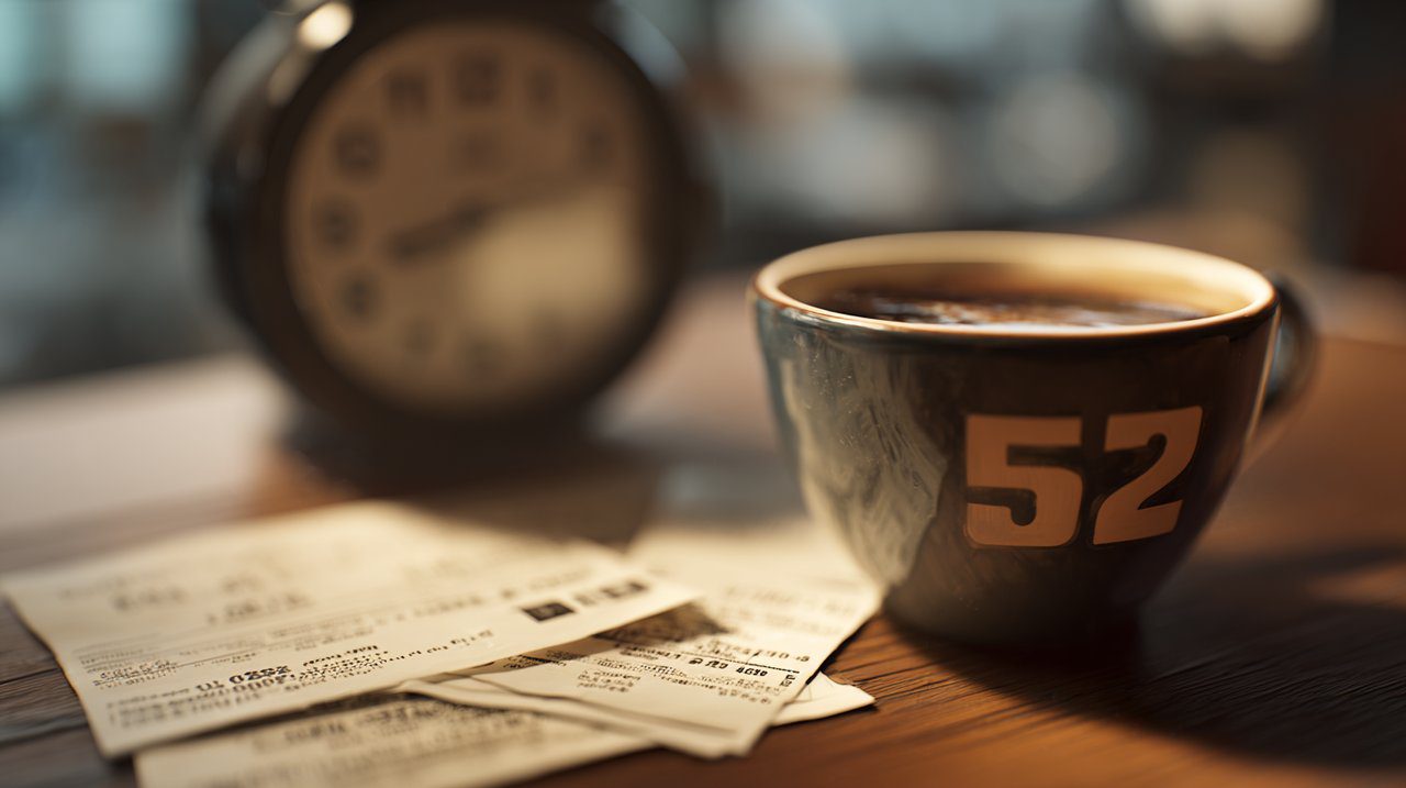 El número 52 apareciendo en objetos cotidianos como una taza de café y un recibo.